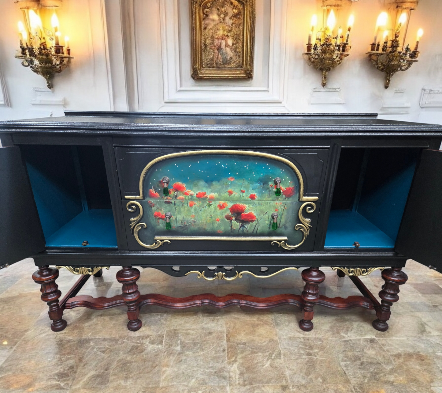 Breathtaking Vintage Hand painted Jacobean Sideboard (Free shipping)