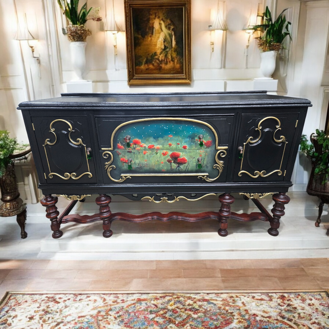 Breathtaking Vintage Hand painted Jacobean Sideboard (Free shipping)